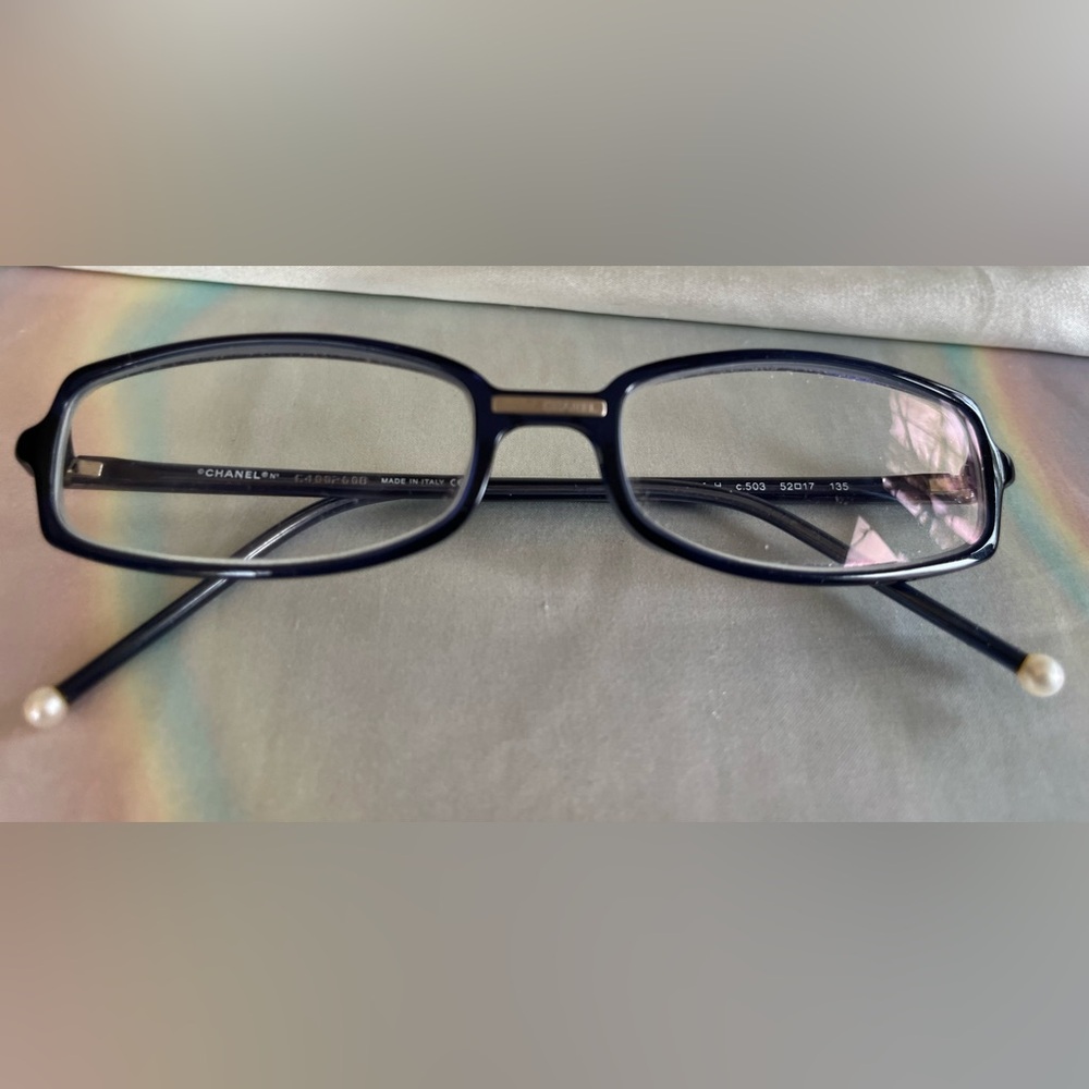 CHANEL Women's Rectangular Eyeglass Frame  in Dark Blue with Pearl Tips